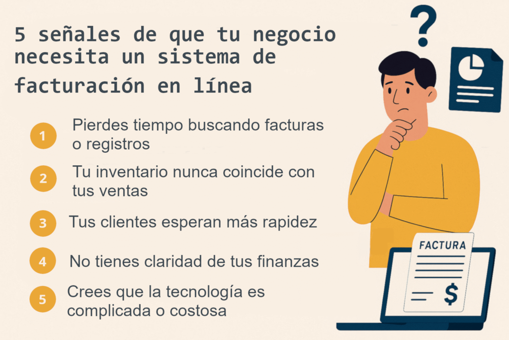 Imagen de un comerciante preocupado revisando facturas en papel, junto a una computadora con sistema de facturación en línea, destacando las 5 señales de que un negocio necesita digitalizarse con un POS.