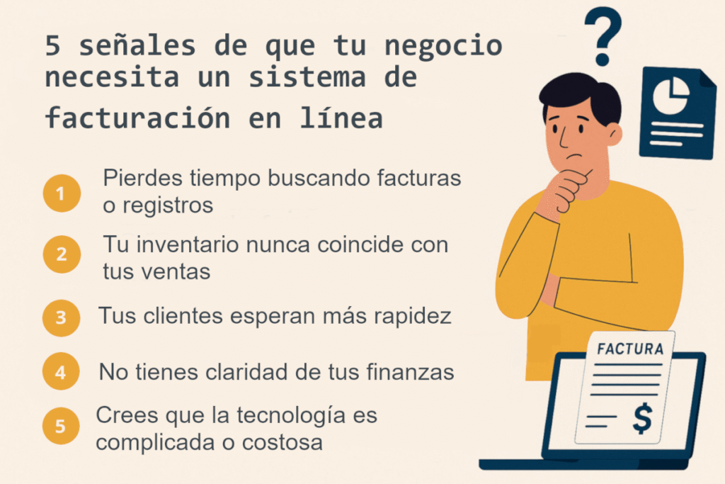 Imagen de un comerciante preocupado revisando facturas en papel, junto a una computadora con sistema de facturación en línea, destacando las 5 señales de que un negocio necesita digitalizarse con un POS.