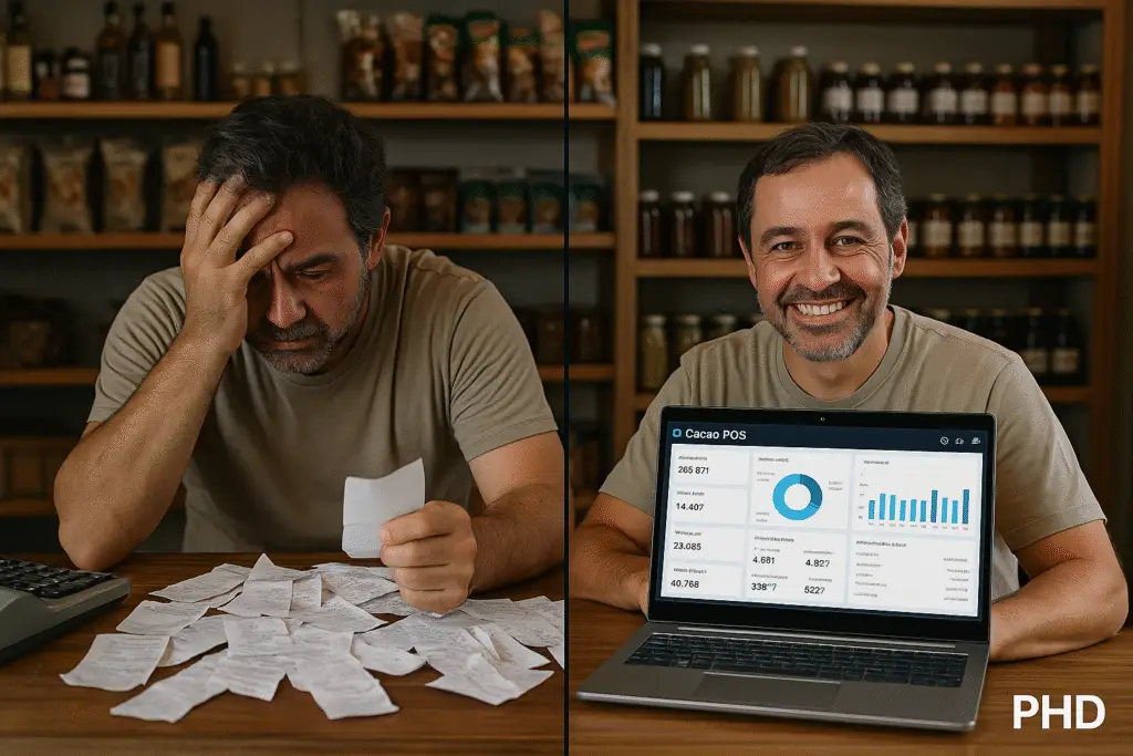 Comparativo de dueño de negocio antes y después de usar Cacao POS: a la izquierda, caos con recibos en papel y estrés; a la derecha, control digital con laptop mostrando dashboard de ventas y sonrisa de satisfacción.