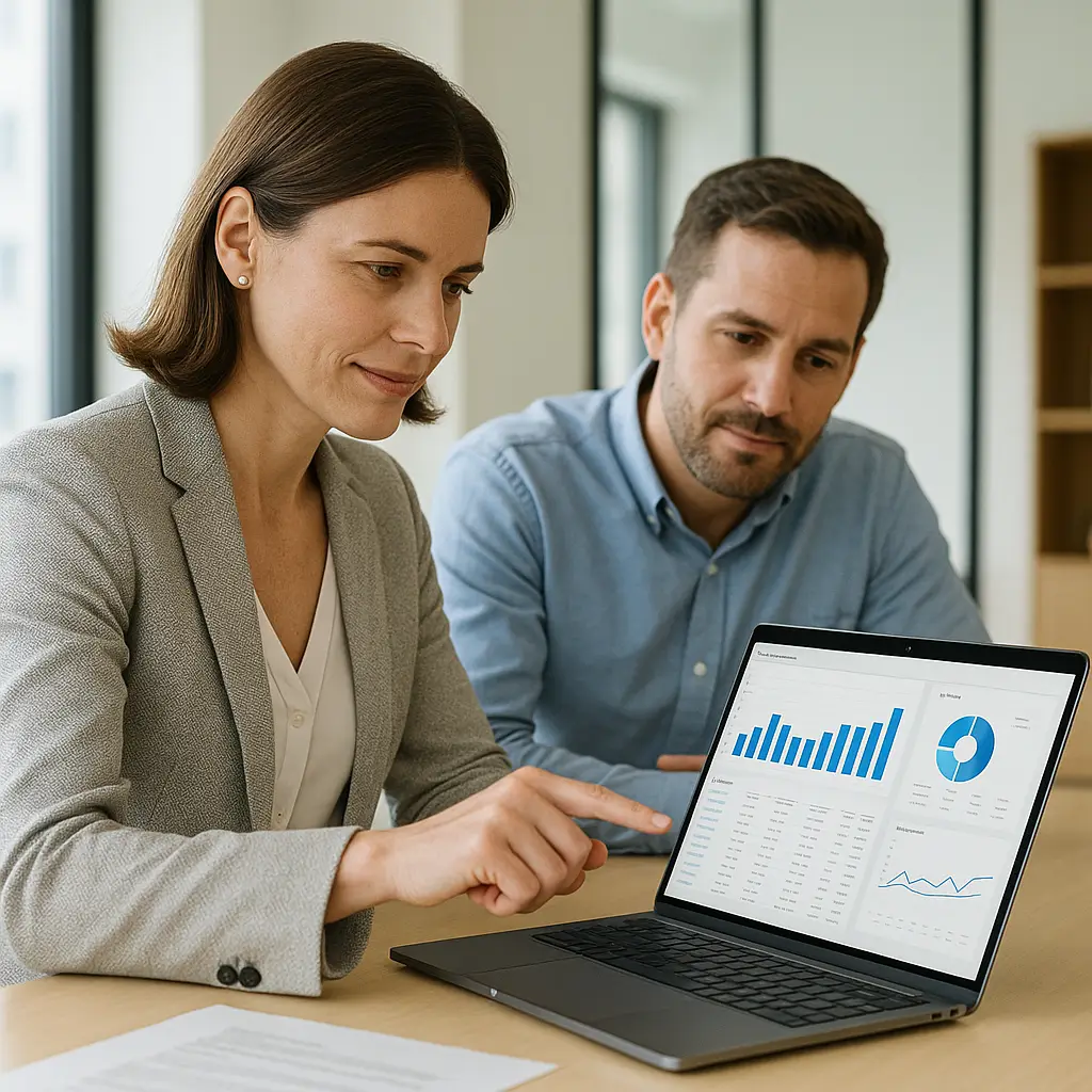 Mujer gerente liderando reunión contable con colega en oficina moderna, analizando dashboard financiero en laptop con AccountMate ERP.
