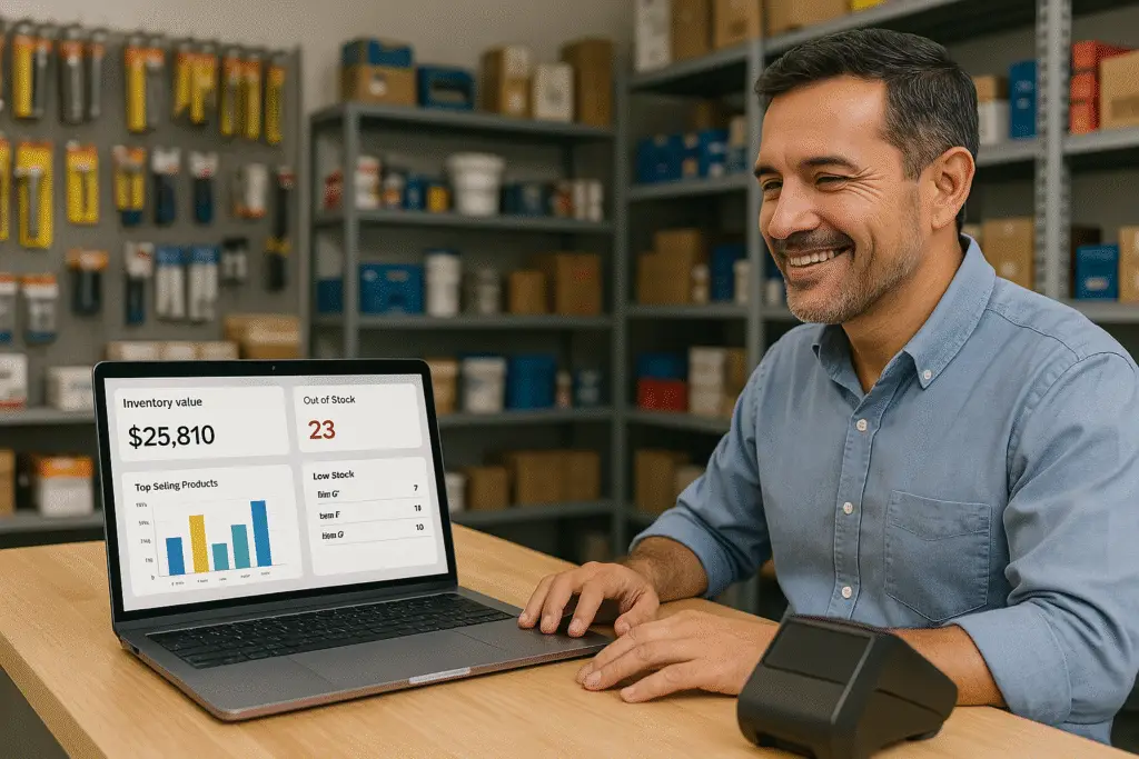 Empresario sonriente revisando un dashboard de inventario en laptop dentro de una tienda con estantes organizados.