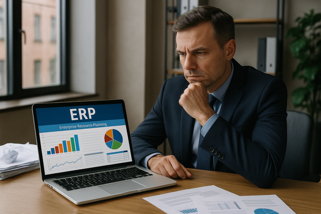 Ejecutivo de negocios revisando en su laptop un sistema ERP con gráficos de ventas, inventario y reportes financieros en una oficina moderna.