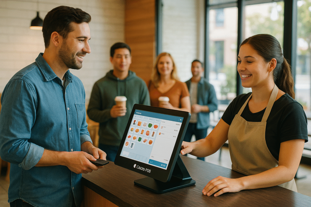 Cajera sonriente atiende a un cliente en un restaurante moderno de Managua usando Cacao POS en una pantalla táctil, mientras otros clientes esperan satisfechos en una fila fluida bajo luz natural.