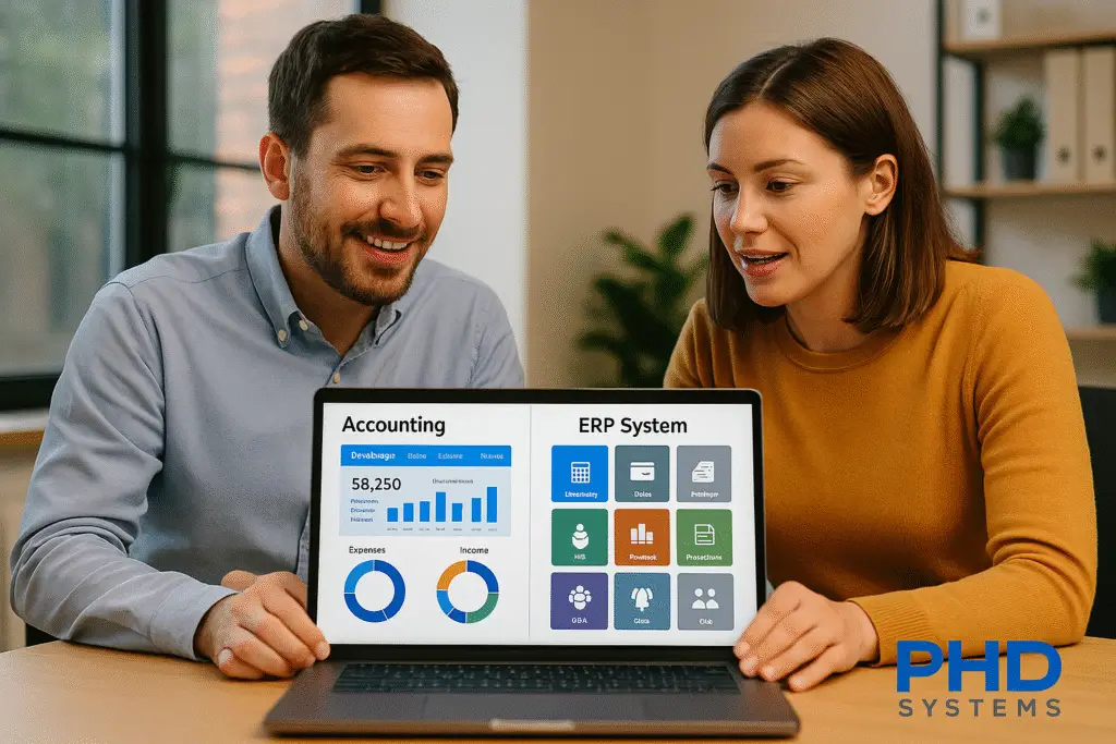 Empresarios analizan dashboards de software contable y ERP en laptop moderna con logo de PHD Systems, representando control y eficiencia empresarial.